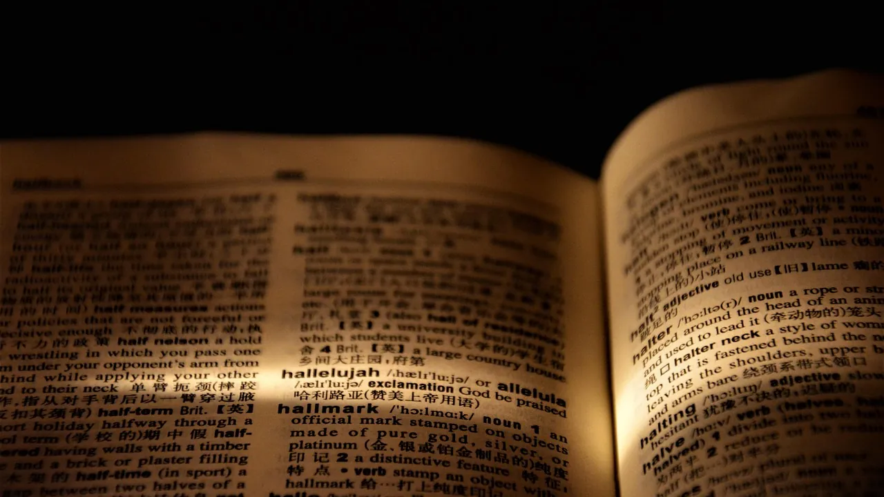 Un dictionnaire ouvert sur une table, éclairé par une lampe